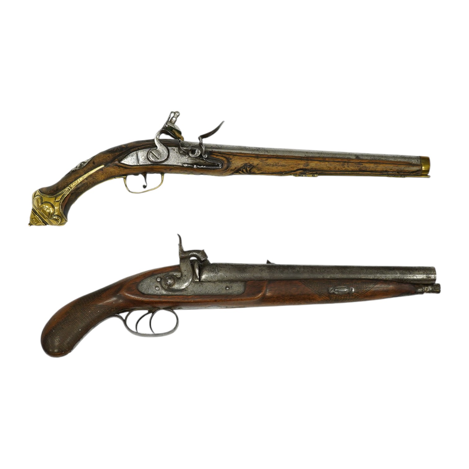 A Turkish flintlock Kubar pistol, with fully stocked brass mounts, polished steel lock and barrel (well worn), barrel 31cm, and a double barrel 12 bore percussion pistol cut down from a sporting gun, barrel 26.5cm, (2).